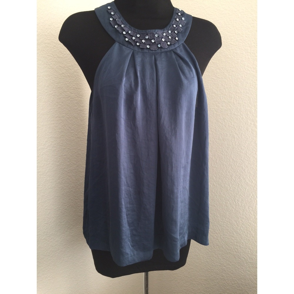 Michael kors blue sleeveless blouse Rhinestones neck detail career formal Sz 8P‎